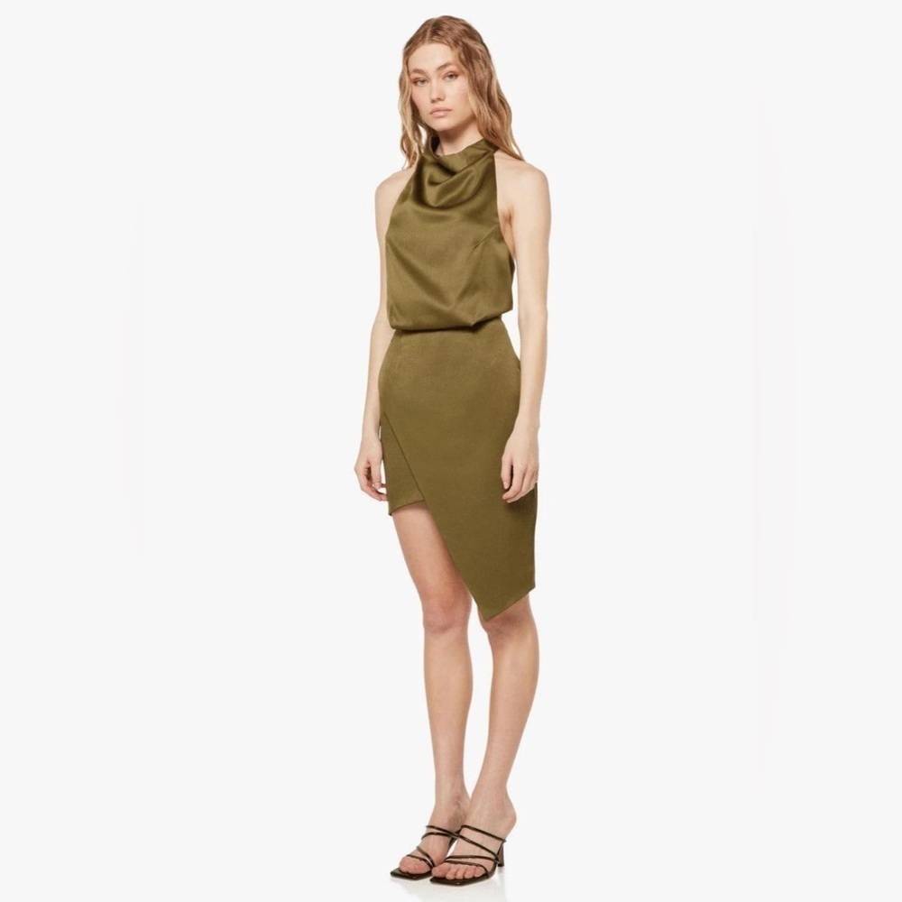 Elliatt Camo Asymmetric Satin Halter Dress in Khaki Green